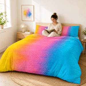 Painted Rainbow Brushstroke Bedding Set, Colorful Abstract Ombre Duvet Cover Cotton Bed Set | Watercolor Gradient Bedding Queen XTwin Twin
