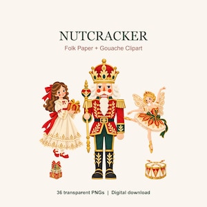 May include: Digital clipart set titled NUTCRACKER Folk Paper + Gouache Clipart featuring a girl in a cream dress holding a gift, a nutcracker soldier with a gold staff, a fairy in a red and white tutu, gift boxes, and a drum.