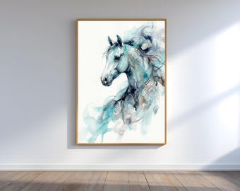 Blue Horse Watercolor Print, Modern Wall Art (Digital Download)