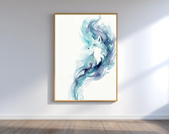 Fox print blauwe aquarel, moderne muurkunst (digitale download)