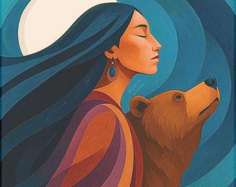Moon Bear Spirit | Indigenous Woodland Art Print | Boho Earthy Decor | Square Digital Download