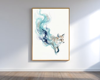 Blauwe aquarel vos print, moderne muurkunst (digitale download)