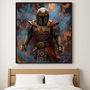 May include: Framed artwork featuring a warrior in ornate armor, set against a backdrop of swirling blue and gold hues. The warrior's helmet is gold and black, and the armor is detailed with red and gold accents. The artwork is displayed above a bed.
