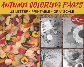 Autumn Greyscale Coloring Pages,Fall Coloring Pages,Adult Coloring,Digital Download, Instant Print,PDF,A4
