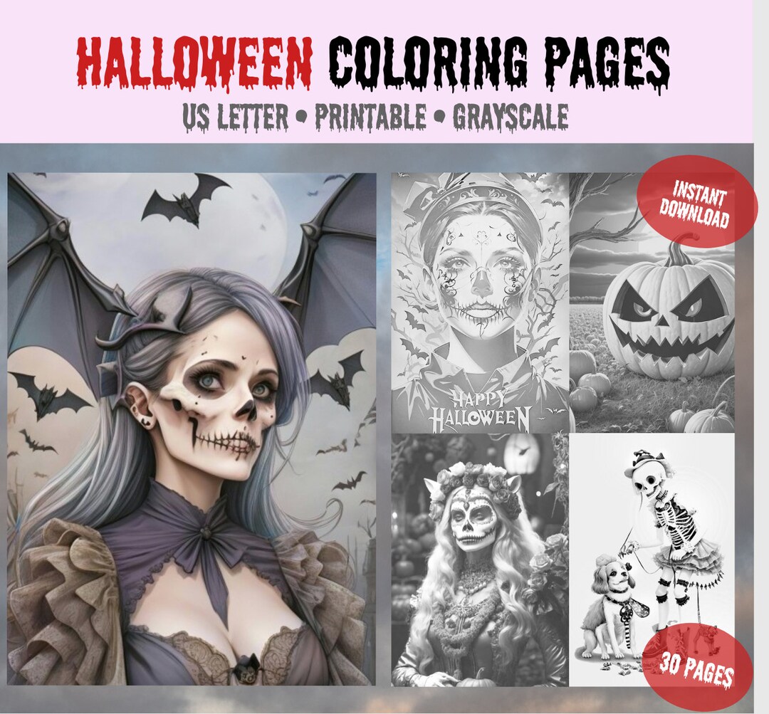 Halloween Coloring Pages, Printable Grayscale Coloring, Halloween ...