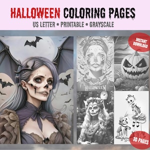 Halloween Coloring Pages, Printable Grayscale Coloring, Halloween Coloring for Adults,  Pumpkin, Witches, Fairies, PDF, Instant Download