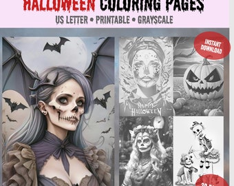 Halloween Coloring Pages, Printable Grayscale Coloring, Halloween Coloring for Adults,  Pumpkin, Witches, Fairies, PDF, Instant Download
