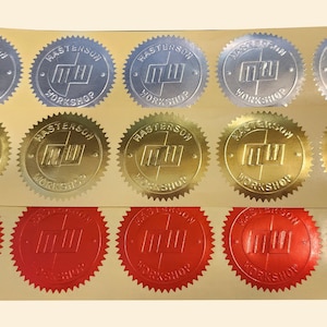 Adesivi per certificati in lamina dentellata da 2 pollici e 52 mm, sigillo vuoto o personalizzato in rilievo, oro/argento/rosso metallizzato rotondo