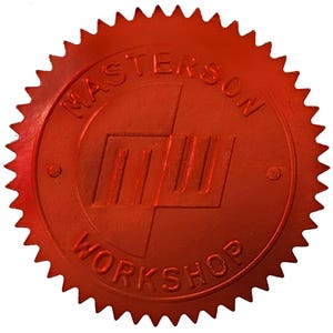 Red sticker embossed with the Masterson Workshop logo