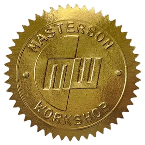 Gold sticker embossed with the Masterson Workshop logo