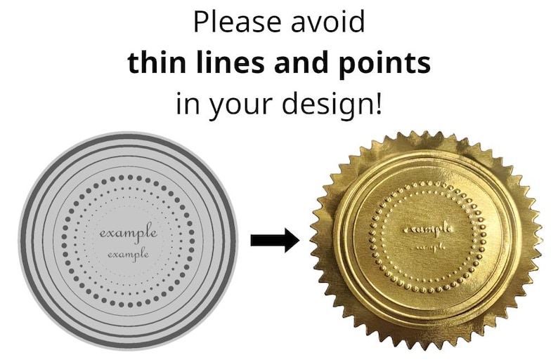 Please avoid thin lines and points in your design! This photo shows an example of thin lines on a design not appearing in the final embossing.