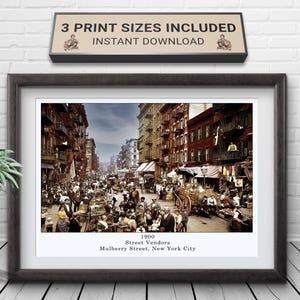 Vintage New York City Photo, Mulberry Street 1900, Bustling Crowd of People and Push Carts, Instant Download, Restored and Enhanced