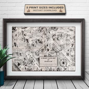 Mapa ilustrado de clubes nocturnos de Harlem, Nueva York, de 1932: bares, restaurantes y bares clandestinos, ilustración vintage de clubes de jazz y lugares turísticos