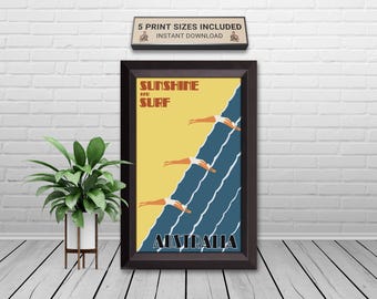 Vintage Seaside Swimmers Art Print: Retro Australia Beach Poster (Digital Download)