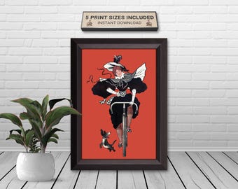 Vintage Cycling Art: Young Woman & Basset Hound Dog Print