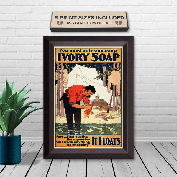 Vintage Ivory Soap Advertisement Poster, 1800s Campsite and Pioneer Art, Antique Soap Magazine Ad, Restored Vintage Laundry Ad, Art Nouveau