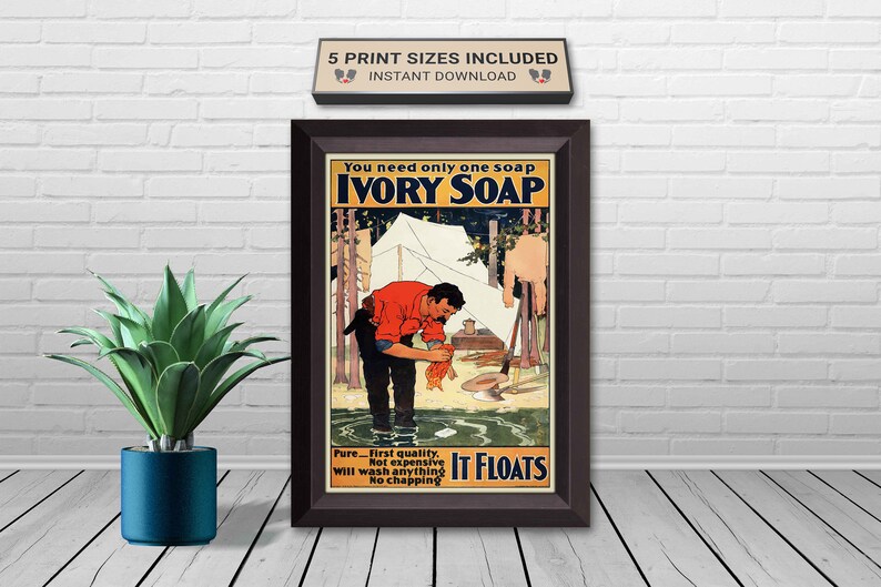 Vintage Ivory Soap Advertisement Poster, 1800s Campsite and Pioneer Art