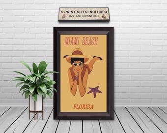 Miami Beach Digital Print, Vintage Florida Travel Poster, Retro Vacation Art