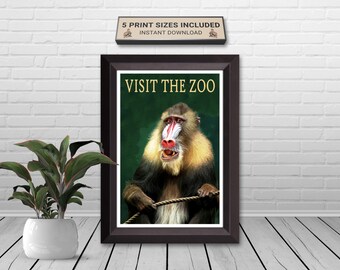 Vintage Visit The Zoo Mandrill Art Print - Retro Animal Poster