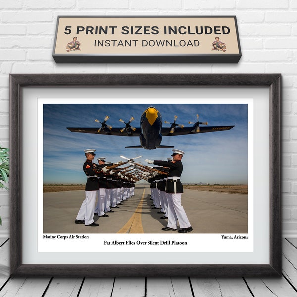 Marine Corps Silent Drill Team with Fat Albert (C-130 Hercules) Flying Over Them, Marine Corps Air Station, Yuma, Ariz. Semper Fidelis