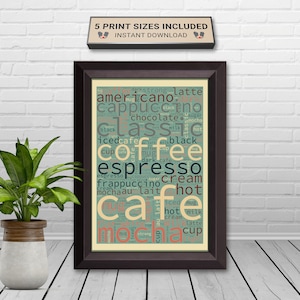 Impressão de bebidas variadas de CAFÉ, decoração de cozinha, arte de palavra de menu de café, presente de tipografia para viciados em cafeína, DOWNLOAD INSTANTÂNEO, arte de restaurante de café