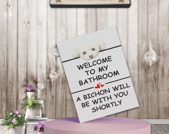 Funny bathroom print, bichon frise wall art, black and white digital download