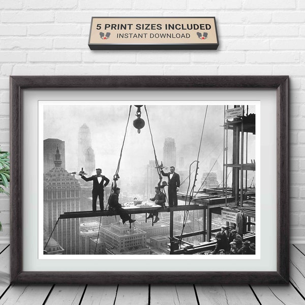 1930s Lunch at the Waldorf, Iron Workers Lunch On Steel Beam, Vintage Black & White Skyscraper Construction Print, NY Skyline, NYC Hotel