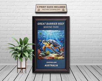 Barrier Reef Turtle Print, Underwater Coral Scene, Vintage Travel Poster (Digital Download)