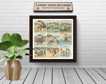 Vintage Beach Babes Art Print: Victorian Swimwear, Summer Ocean Decor (Digital Download 8x8-30x30 inches)