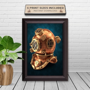Nautisches Teal Dekor: Schwarzer Taucherhelm Print (Digitaler Download)