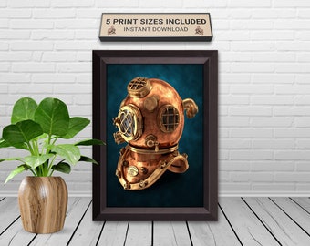 Antique Brass Diving Helmet Print: Nautical Teal Decor (Digital Download)