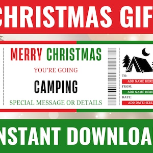 Christmas Camping Ticket - Christmas Camping Gift Voucher - Surprise Camping Trip Reveal Template - Printable Editable Personalized Gifts
