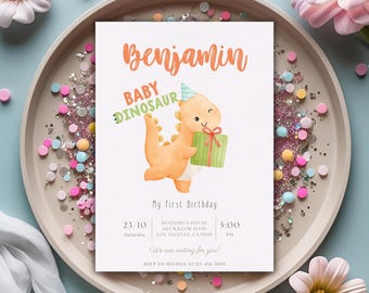 Invitación editable para el primer cumpleaños de dinosaurio, invitación para el primer cumpleaños de dinosaurio, invitación para niño dinosaurio, invitación de dinosaurio, plantilla imprimible