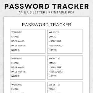 Tracker password stampabile - Conservatore password - Organizzatore password - Elenco password - Gestore password - Registro password - A4, Lettera