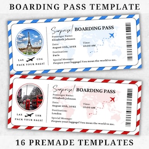 Modello Canva della carta d&#39;imbarco modificabile - Biglietto aereo personalizzato stampabile - Biglietti aerei personalizzabili - Rivelazione del viaggio di vacanza a sorpresa