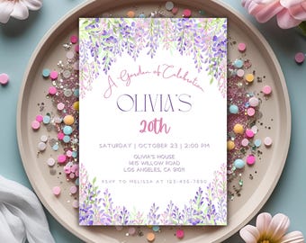 Invitación de cumpleaños editable con flores silvestres, invitación para fiesta de cumpleaños de niña con flores, invitación para fiesta en el jardín, plantilla imprimible