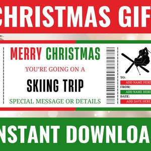 Christmas Skiing Trip Ticket - Christmas Skiing Trip Gift Voucher - Surprise Ski Pass Template - Printable Editable Personalized Gifts