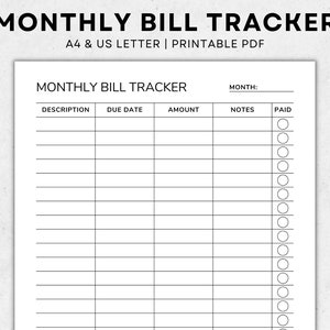 Monthly Bill Tracker - Printable Bill Payment Checklist - Monthly Bill Log - Bill Payment Tracker Checklist - Bill Organizer - A4, Letter