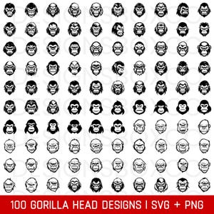 May include: A collection of 100 black and white gorilla head designs in various styles. The designs range from detailed illustrations to simple outlines, suitable for graphic design projects. Text at the bottom reads "100 GORILLA HEAD DESIGNS I SVG + PNG".