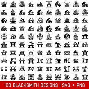 May include: A collection of 100 blacksmith designs in black and white. The designs depict blacksmiths at work, various tools, and workstations. The text at the bottom reads "100 BLACKSMITH DESIGNS | SVG + PNG".