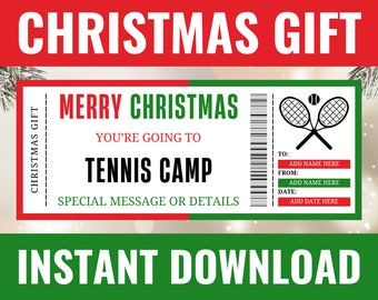 Biglietto per il campo di tennis di Natale - Voucher regalo per il campo di tennis di Natale - Modello di clinica o campo di addestramento stampabile e modificabile per le competenze