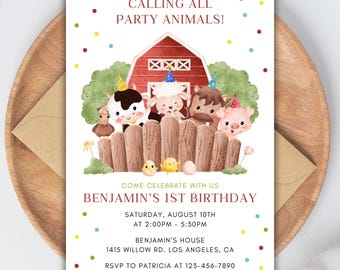 Editable Farm Birthday Invitation, Barn Animals Birthday Party Invite, Farm Animals Invitation, Barnyard Animals Invitation, Boy and Girl