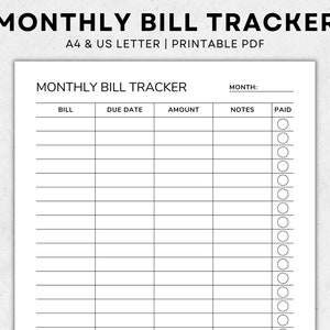 Monthly Bill Tracker Printable Template - Bill Organizer - Bill Payment Tracker - Bill Payment Log - Finance Planner - A4, Letter
