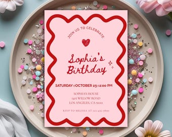 Editable Retro Birthday Invitation, Minimalist Birthday Party Invite, Red Wavy Invitation, Printable Template