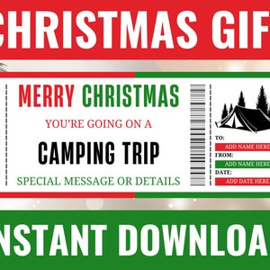 Christmas Camping Trip Ticket - Christmas Camping Trip Gift Voucher - Surprise Camping Trip Template - Printable Editable Personalized Gifts