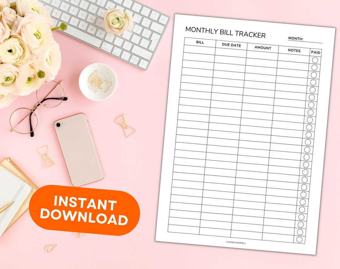 Printable Monthly Bill Tracker Bill Payment Tracker Budget Planner Bill