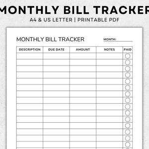 Monthly Bill Tracker Printable - Bill Payment Checklist - Bill Organizer - Finance Planner - Bill Planner - Expense Tracker - A4, Letter