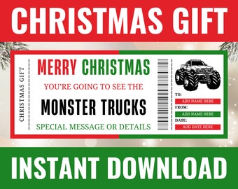 Christmas Monster Truck Ticket - Christmas Monster Truck Gift Voucher - Surprise Printable Editable Monster Truck Show Certificate Template