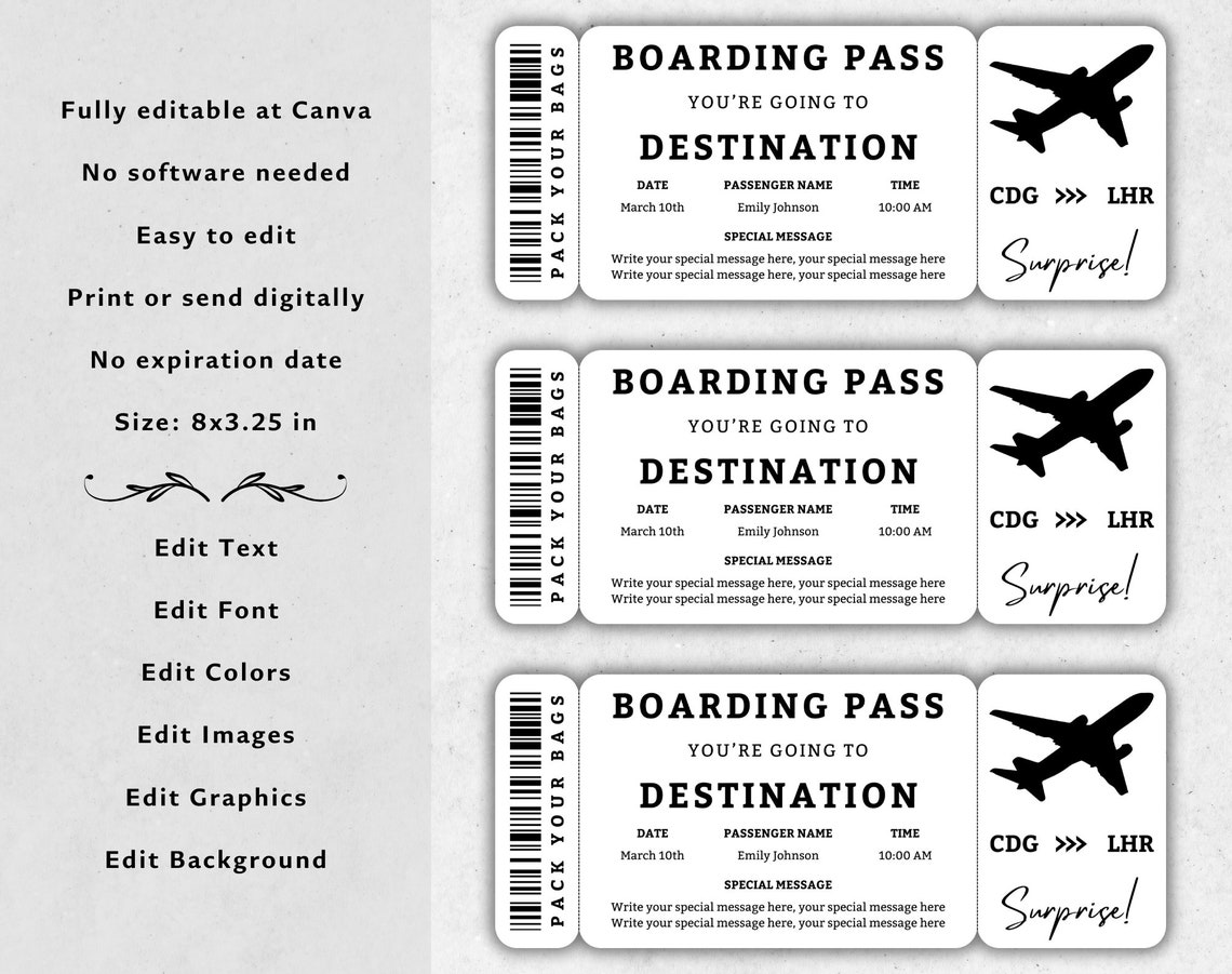 Editable Boarding Pass Template Airplane Ticket Printable Airline ...