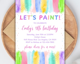 Editable Art Birthday Invitation, Paint Birthday Party Invite, Painting Party Girl 1st Invitation, Pastel Rainbow Watercolor Paint Theme